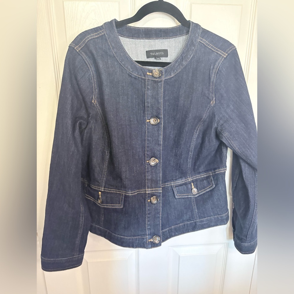 Talbots Button Cuff Jean Jacket Rinse Wash | Collarless Denim | Size Large - Picture 4 of 11